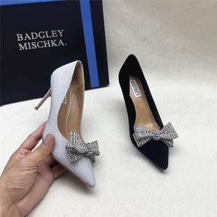 Badgley Mischka时尚蝴蝶结尖头高跟婚宴鞋女春新款织物浅口单鞋