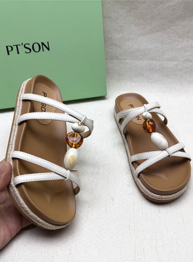 PT'SON/百田森正品撤柜时尚厚底草编舒适凉拖鞋女新款羊皮一字拖