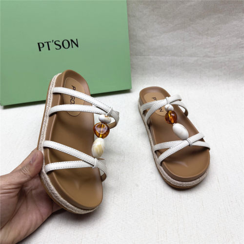 PT'SON/百田森正品撤柜时尚厚底草编舒适凉拖鞋女新款羊皮一字拖
