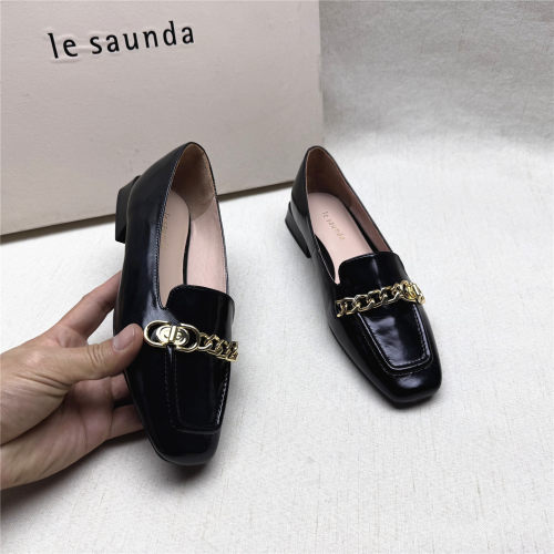 le saunda/莱尔斯丹正品撤柜方头低跟时装鞋女春新款牛皮浅口单鞋