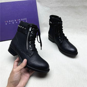 铆钉饰方跟圆头系带马丁靴女秋冬新款 商场撤柜正品 时尚 真皮短筒靴