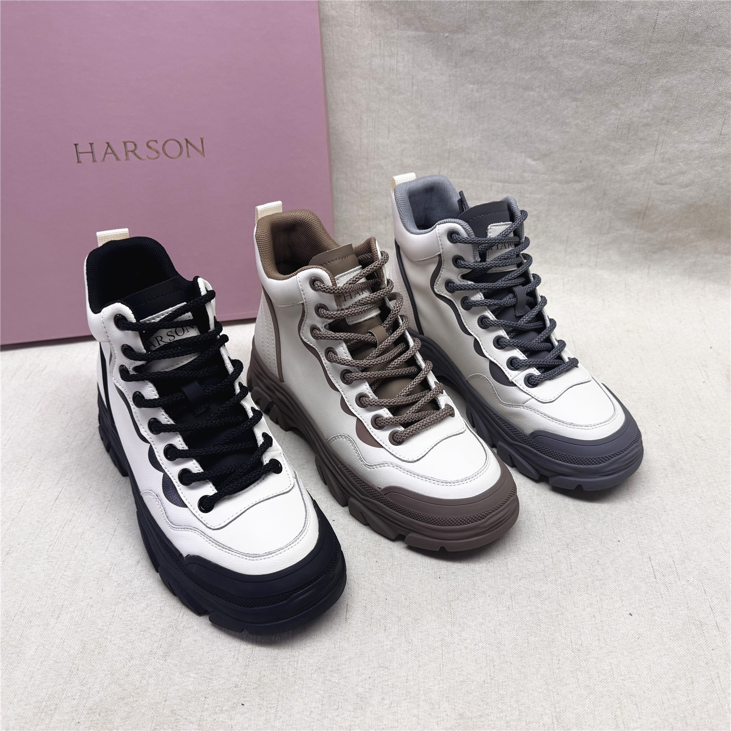 Harson/哈森正品撤柜时尚厚底舒适休闲高帮鞋女新款交叉绑带单鞋