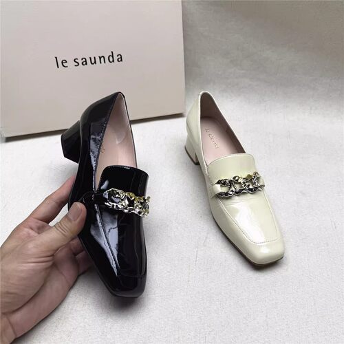 le saunda/莱尔斯丹撤柜正品粗跟方头时装鞋女浅口一脚蹬牛皮单鞋