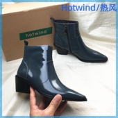 靴女春秋款 粗跟时装 真皮侧拉链短靴 撤柜尖头时尚 商场正品