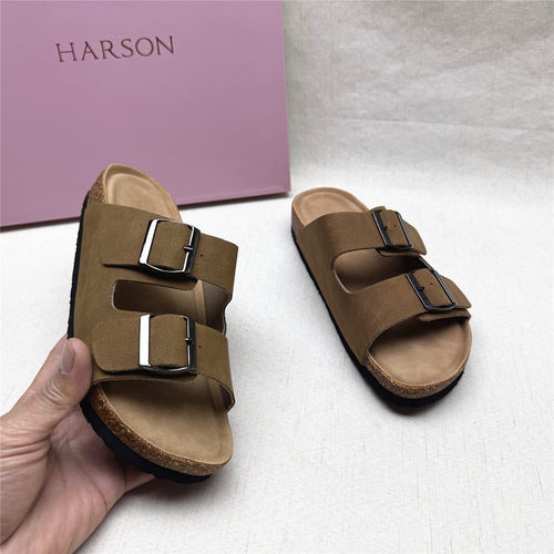 Harson/哈森正品撤柜时尚厚底皮带扣露趾勃肯鞋女新款复合一字拖