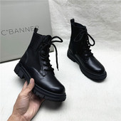 方跟圆头马丁靴女新款 C.BANNER 千百度商场撤柜正品 真皮加绒短靴