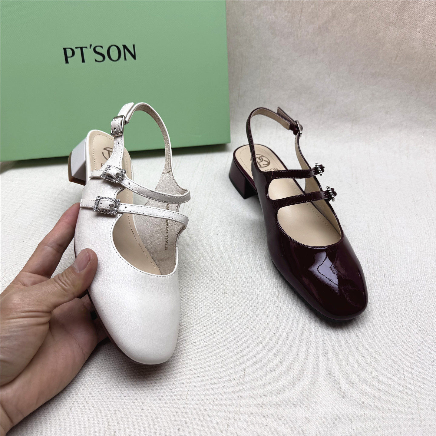 PT'SON/百田森正品撤柜水钻双排扣时装鞋女春夏新款羊皮包头凉鞋