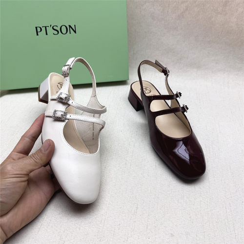 PT'SON/百田森正品撤柜水钻双排扣时装鞋女春夏新款羊皮包头凉鞋