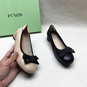 SON 牛皮单鞋 百田森撤柜正品 蝴蝶结圆头粗跟时装 女新款 时尚 鞋