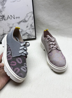 商场正品撤柜百搭方跟圆头时尚休闲鞋女春秋新款织物系带单鞋清仓