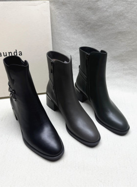 le saunda/莱尔斯丹正品撤柜粗跟百搭时装靴女秋冬新款牛皮短筒靴