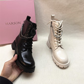 撤柜链条方跟圆头马丁靴女秋冬新款 Harson 哈森正品 牛皮亏本短靴