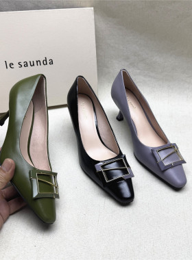 le saunda/莱尔斯丹撤柜正品时尚高跟小方头时装鞋女新款羊皮单鞋