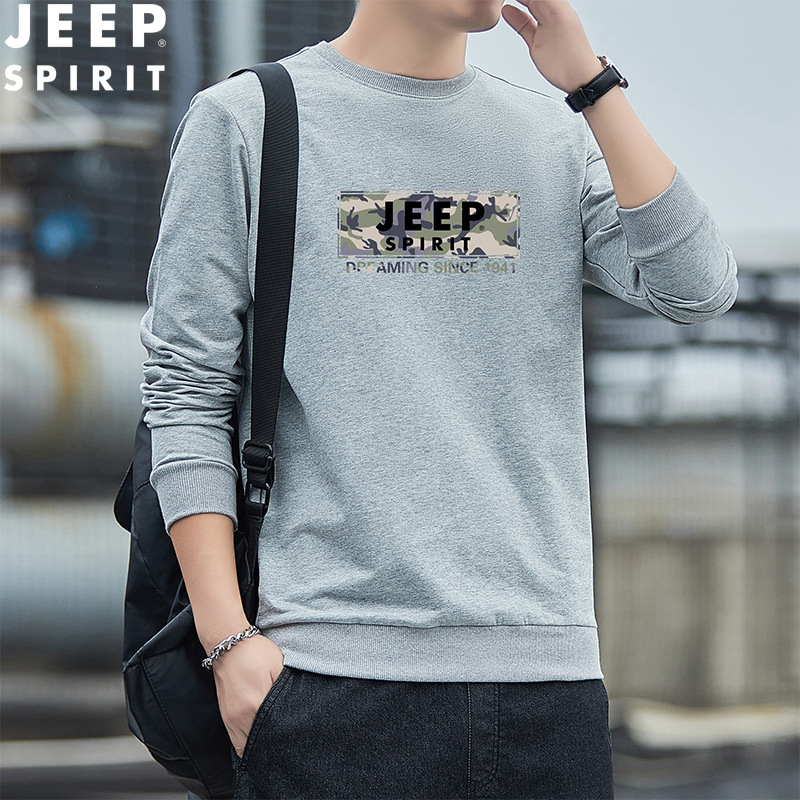 JEEP SPIRIT春装长袖t恤男纯棉打底衫男装宽松刺绣卫衣男HL7610