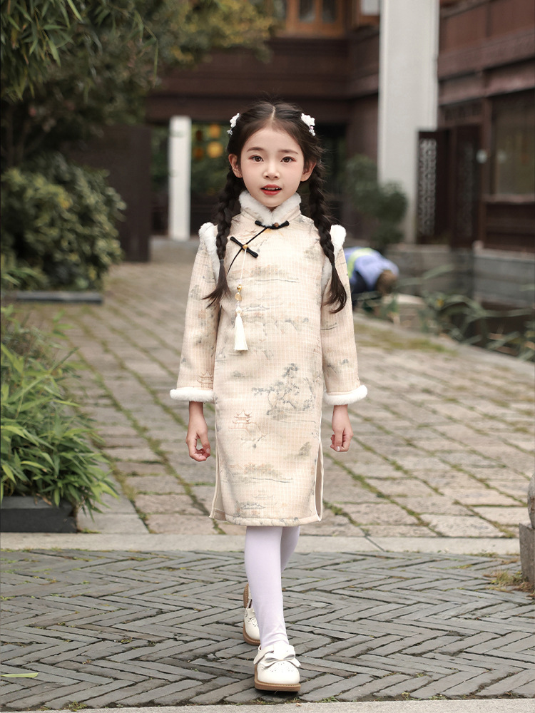 女童旗袍冬季新款中国风女宝宝唐装加绒加厚旗袍小女孩汉服旗袍