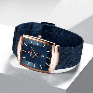 新款 商务男表士手表石英表网蓝带日历方形不锈钢9mm普通国产腕表