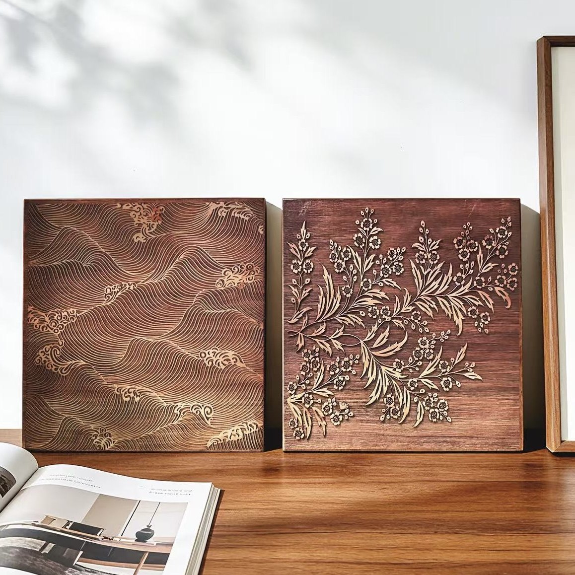 【花梨木系列】仿宋砑花笺板宋沈辽海水纹苏轼久留帖花草纹木雕版