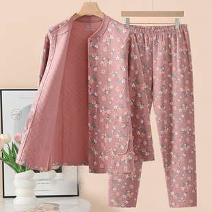 中老年人夹层纯棉睡衣女妈妈宽松全棉大码长袖睡衣睡裤家居服套装