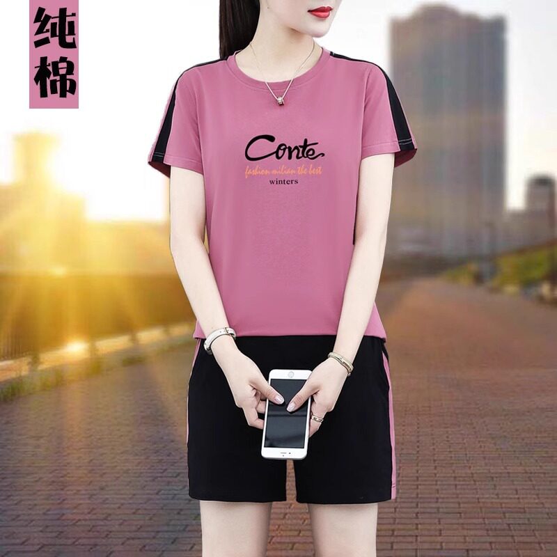 纯棉运动短袖套装女夏季2025年新款夏装休闲服宽松跑步短裤两件套