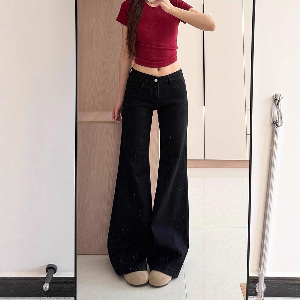 黑色不贴腿微喇叭牛仔裤女新款低腰弹力阔腿显瘦马蹄拖地裤子