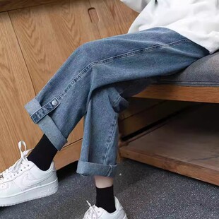 春秋新款设计感高腰阔腿牛仔裤女大码胖mm小个子直筒显瘦卷边裤子