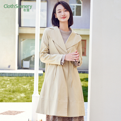 布景风衣女春季新品简约纯色抽绳中长款风衣2039