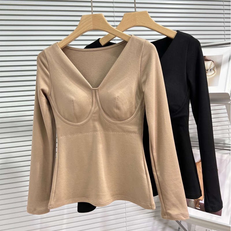 自带胸垫保暖内衣长袖发热打底衫