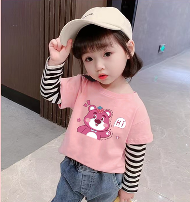 草莓熊女童t恤长袖2025新款休闲可爱假两件女孩儿童春秋粉色上衣