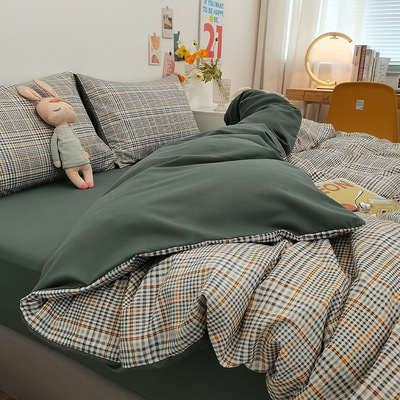 日式简约格子四件套水洗棉磨毛学生宿舍三件套四季款被套床单