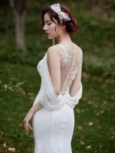 出租租赁 缎面美背透肤蕾丝设计鱼尾小拖新娘轻婚纱迎宾纱外景纱