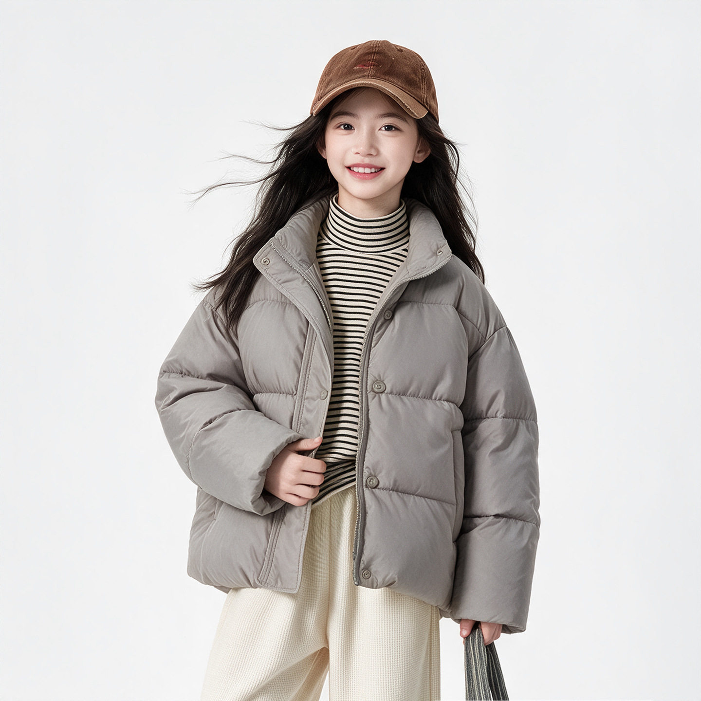 波拉童装女童连帽棉服2026冬装冬季韩系宽松短款棉衣儿童保暖面包