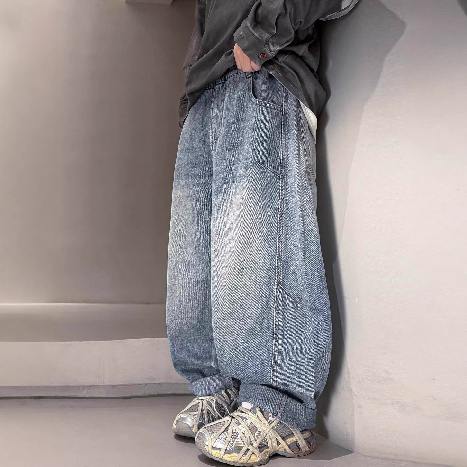 波拉童装男童牛仔裤春秋款2026春装大儿童装痞帅宽松休闲直筒裤子