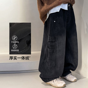 2025冬装波拉童装男女童加绒牛仔裤一体奥粒绒加厚工装裤长裤子
