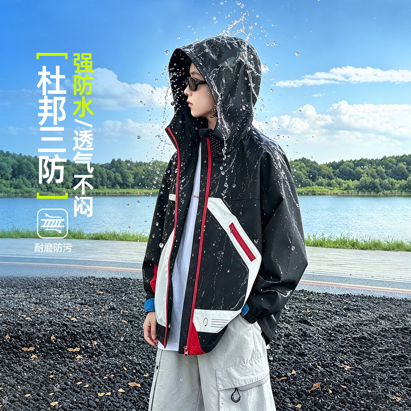 波拉童装男童浅秋拼接冲锋外套2026秋装秋季中大童拼色连帽开衫潮