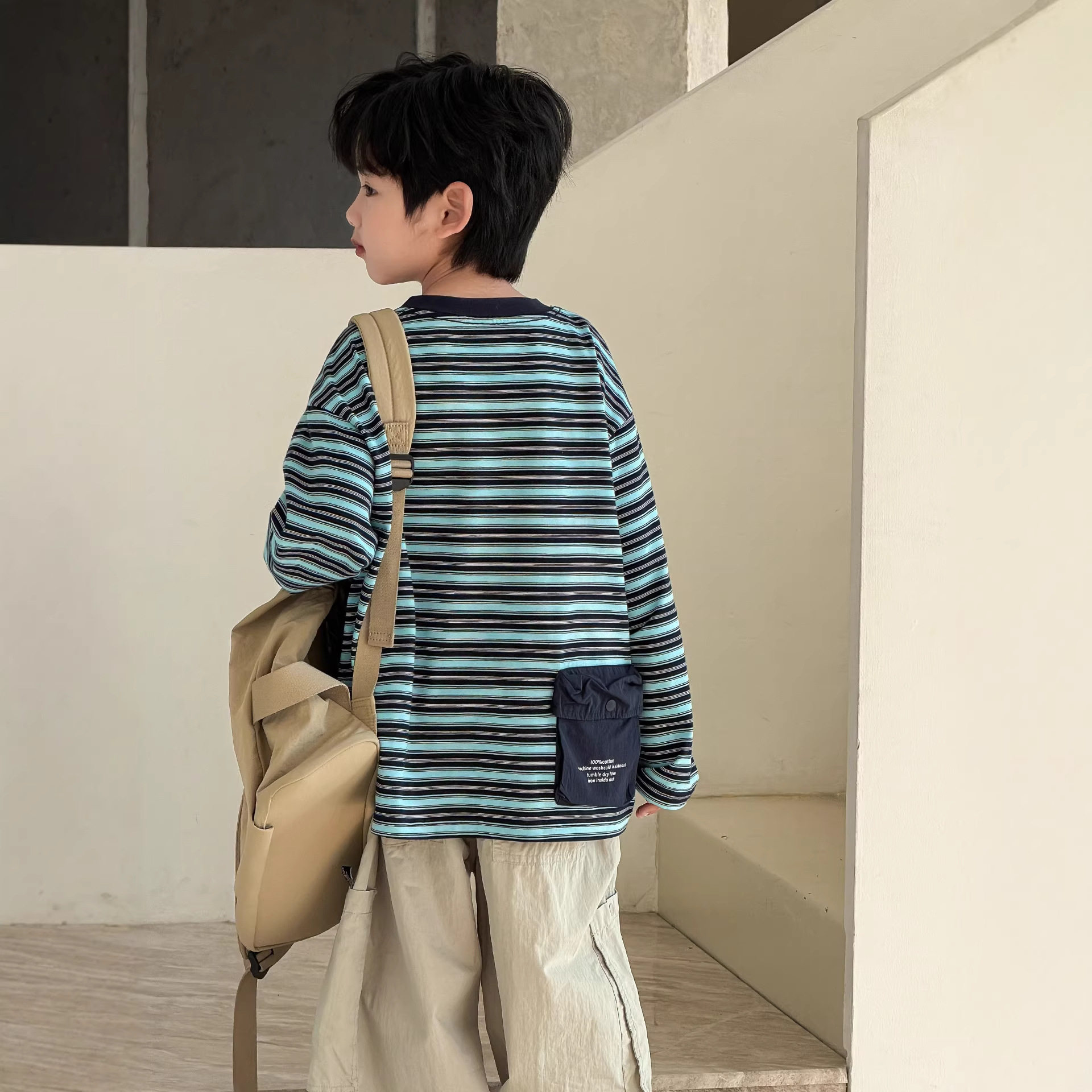 波拉童装男童长袖t恤春秋款2026春装中大儿童装条纹打底上衣男孩
