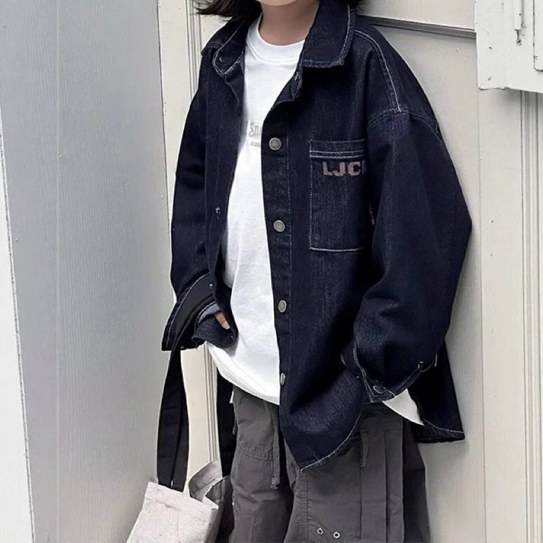 2025秋装波拉韩版男女童牛仔衣字母宽松衬衫外套儿童洋气衬衣外套