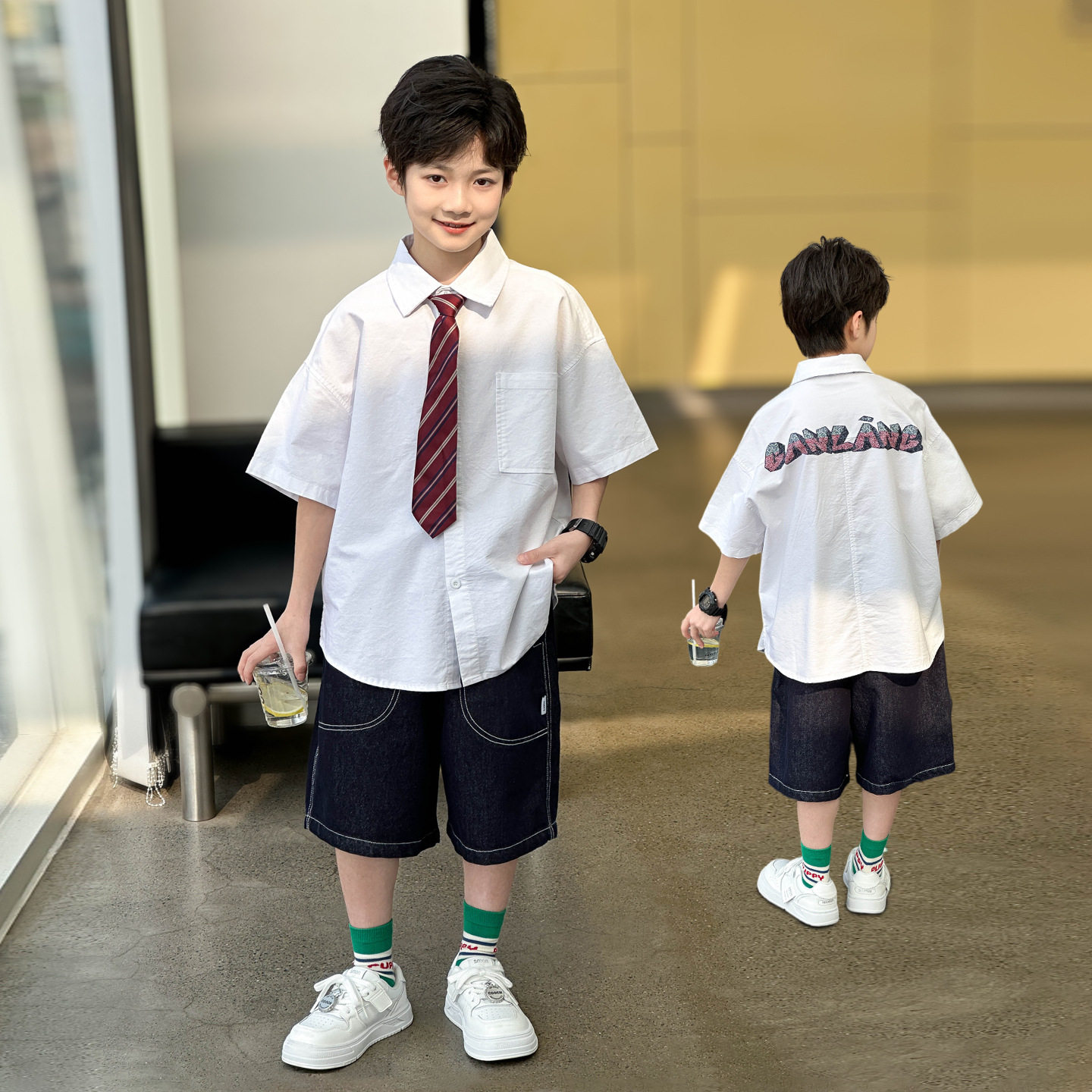 波拉童装男童2026夏装夏季学院风衬衫套装中大童衬衣短裤两件套潮