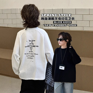 波拉童装男童上衣2026春装春季韩版字母设计感印花休闲宽松长袖t