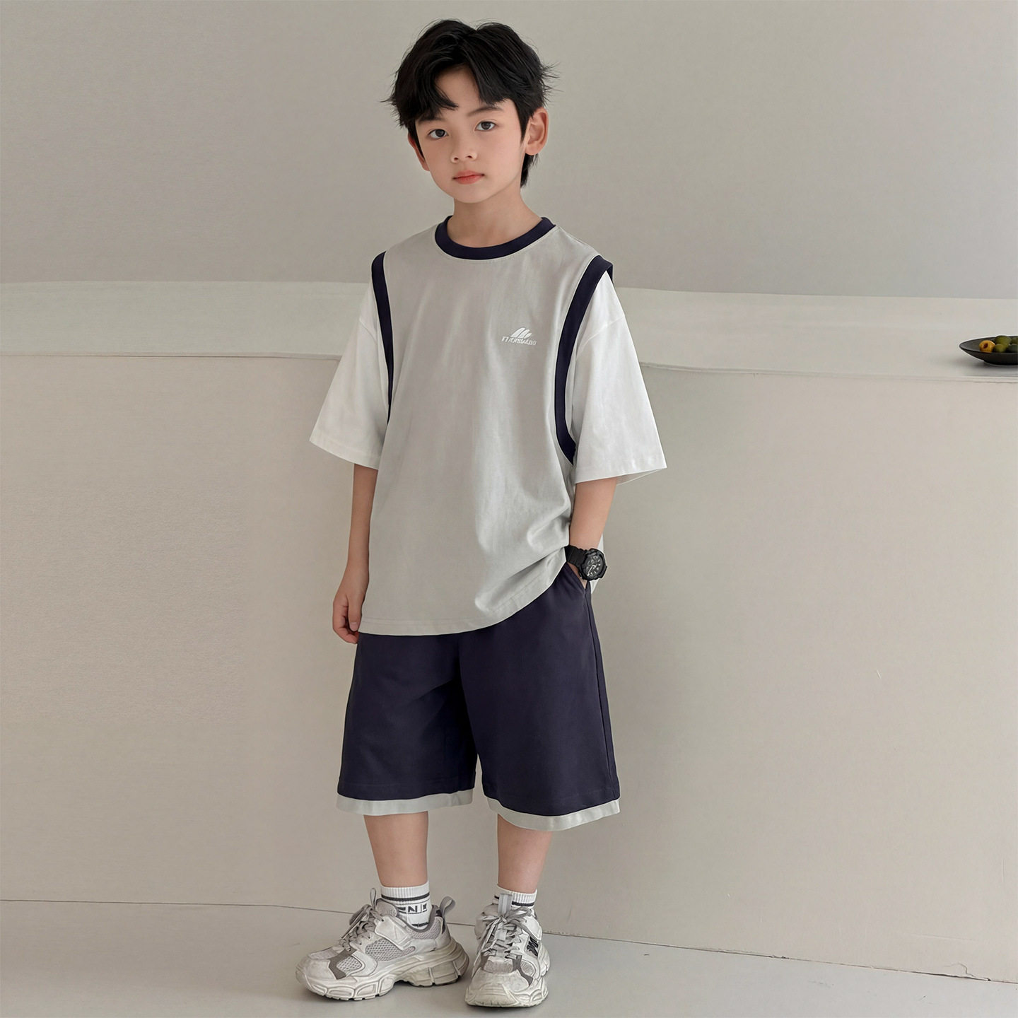波拉童装男童夏装套装炸街儿童假两件短袖短裤运动服2026夏装大童