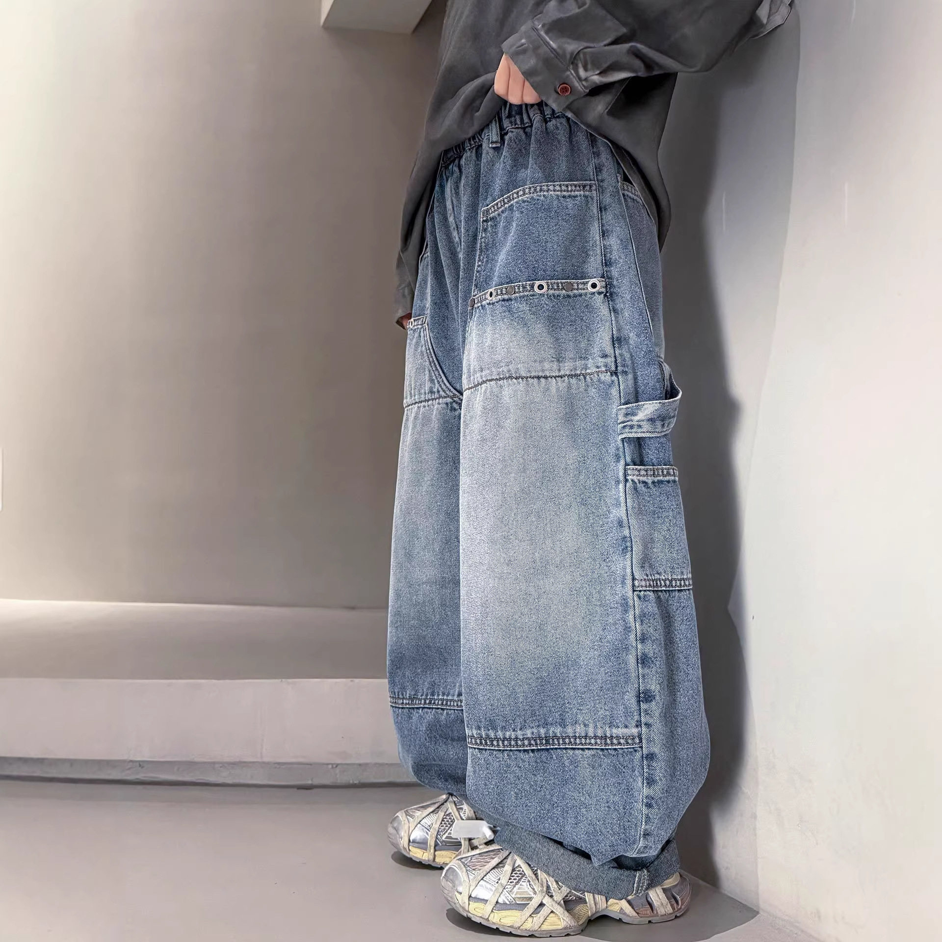 波拉童装男童牛仔裤春秋款2026春装大儿童装痞帅宽松休闲直筒裤子