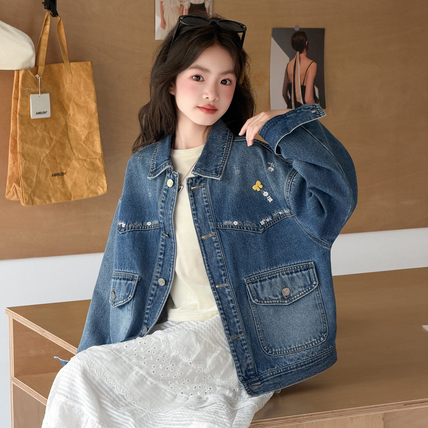 波拉童装女童秋装牛仔衣2026秋装女大童超好看翻领外套初中生宽松