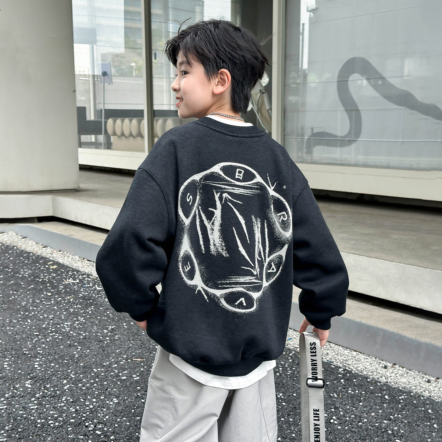 波拉童装男童加绒印花卫衣2026秋装秋冬中大童韩版休闲上衣潮