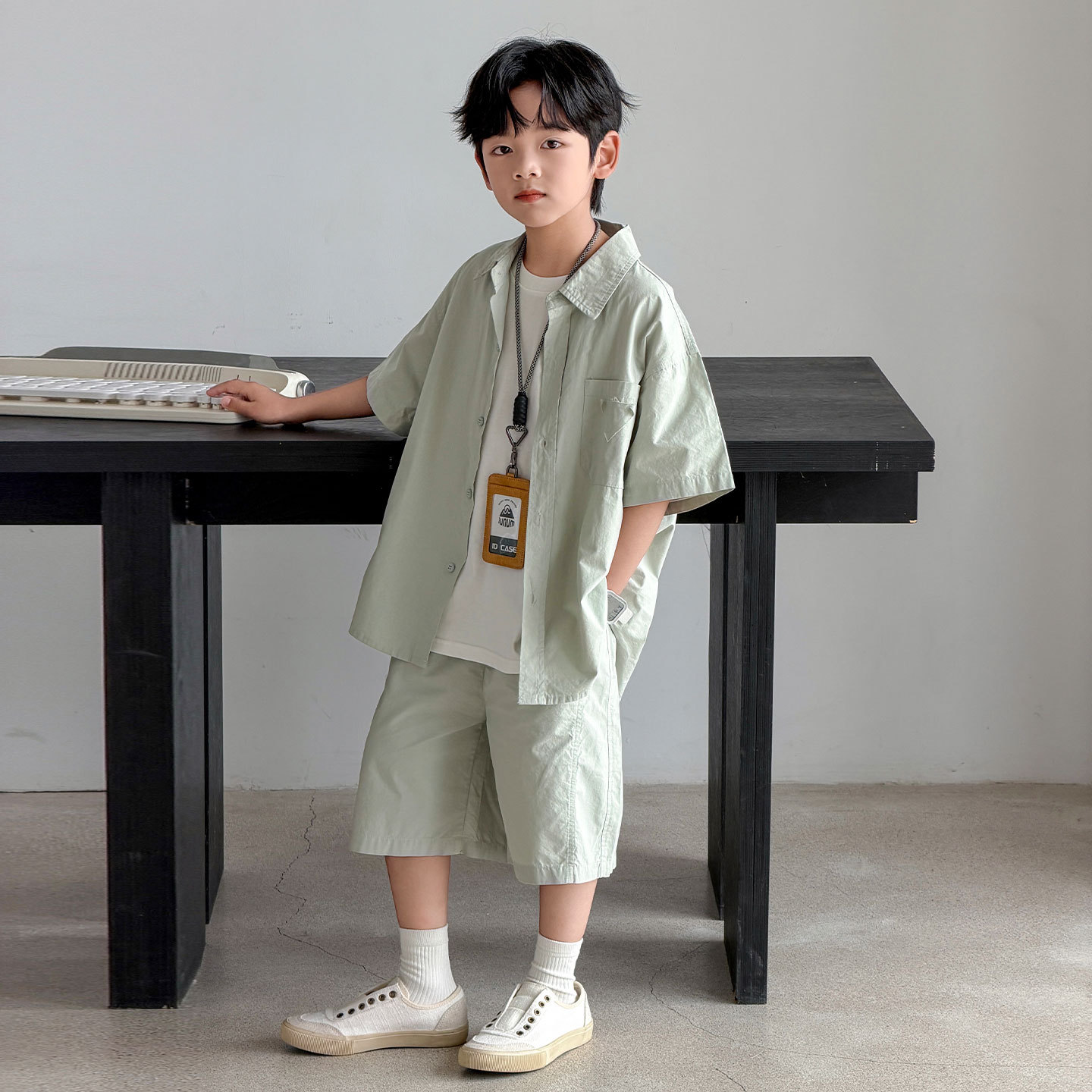 波拉童装男童夏装套装2026夏装儿童夏季短袖衬衫薄款短裤两件套森