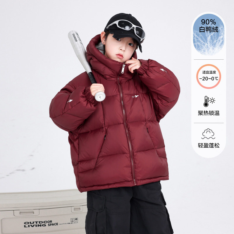 波拉童装男童冬装红色面包羽绒服2025儿童冬季中大童加厚运动防寒