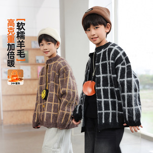 波拉童装2025新款秋冬男童针织外套 中大童格子开衫儿童毛衣