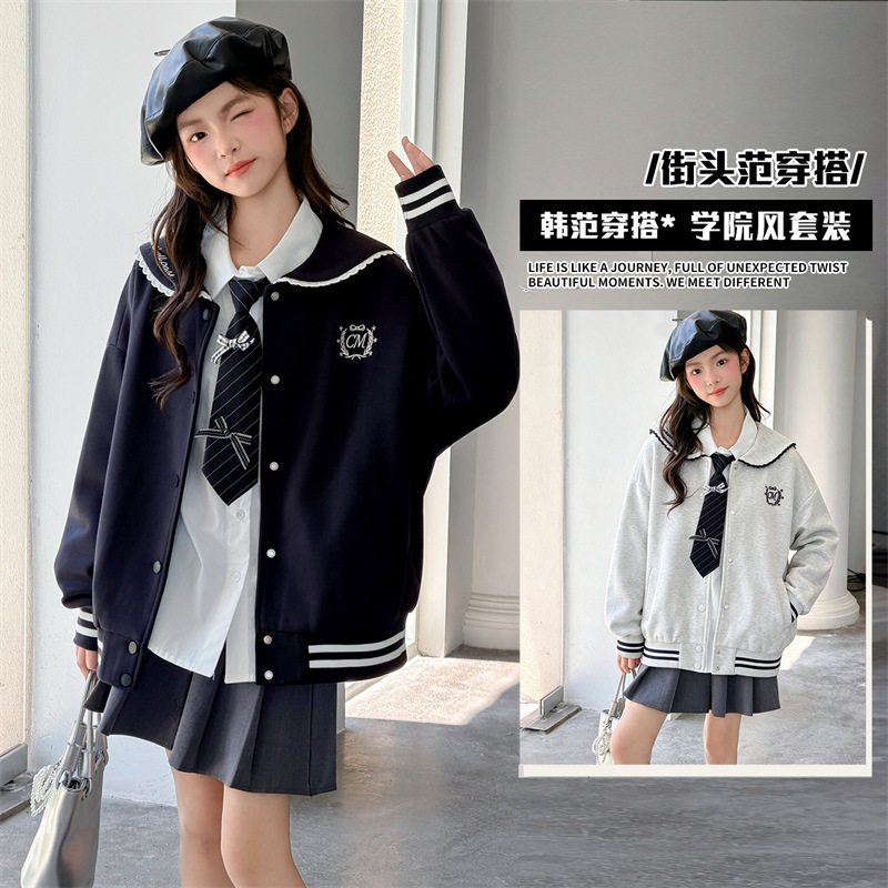 波拉童装女童学院风棒球服2026秋装秋季女大童韩系海军领开衫外套