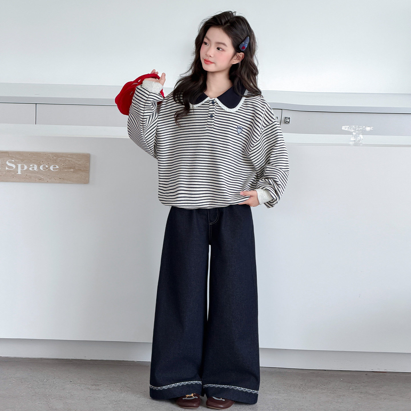 波拉童装女童条纹卫衣套装秋装2026秋装女大童娃娃领上衣阔腿裤两