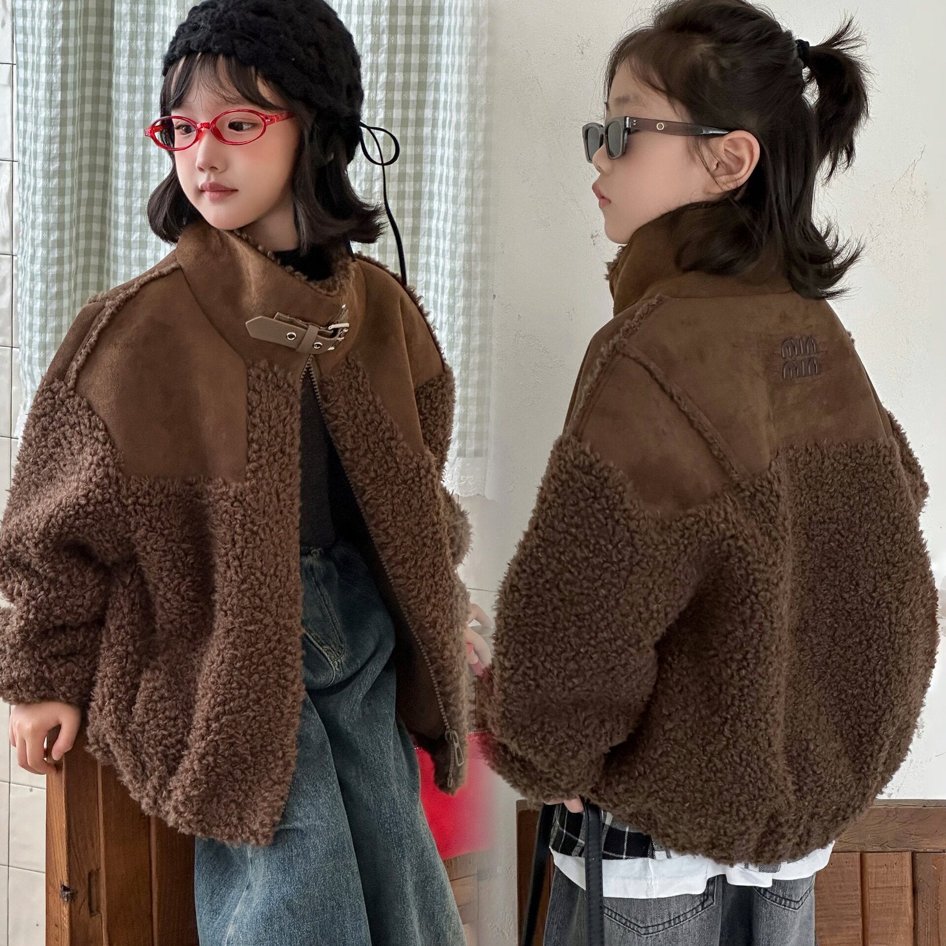 波拉童装复古羊羔毛外套男女中大童2026冬装秋冬韩版皮毛一体机车
