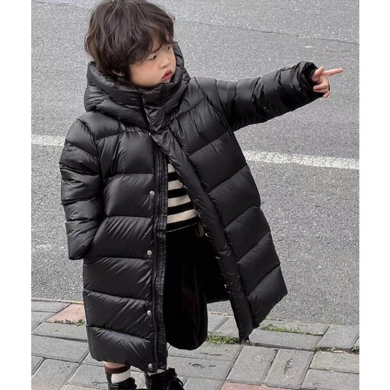 波拉童装新款儿童中长款宝宝羽绒服过膝加厚黑金冬季男女童白鸭绒