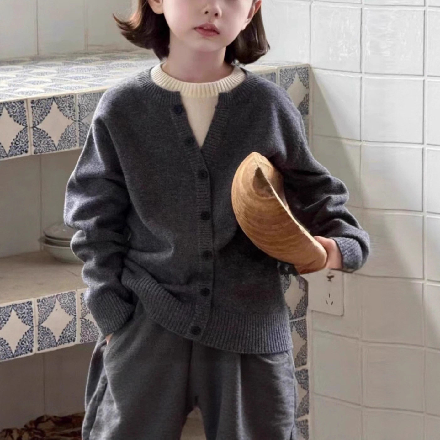 2025冬装波拉假两件男女童针织小开衫毛衣外套儿童洋气上衣线衣